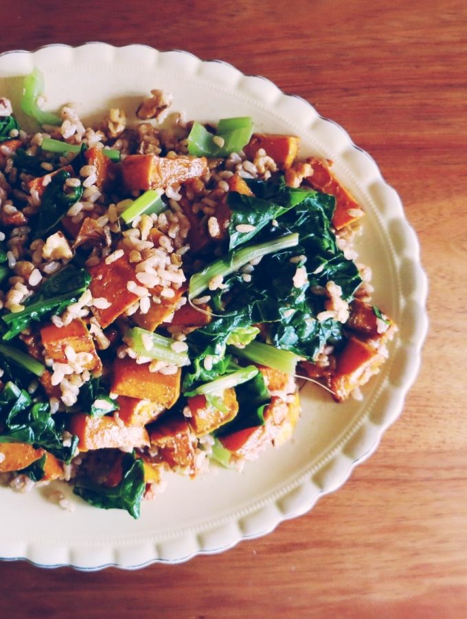 Pumpkin & Brown Rice Salad with Tahini-Maple Dressing