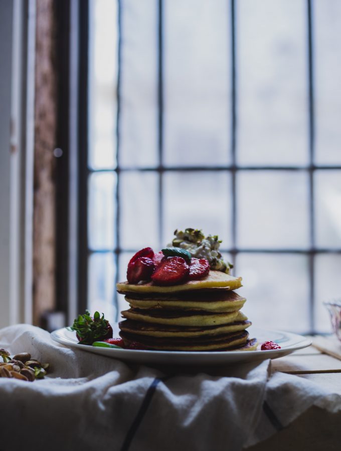 Ricotta Pancakes with Lemon, Pistachios and Strawberries