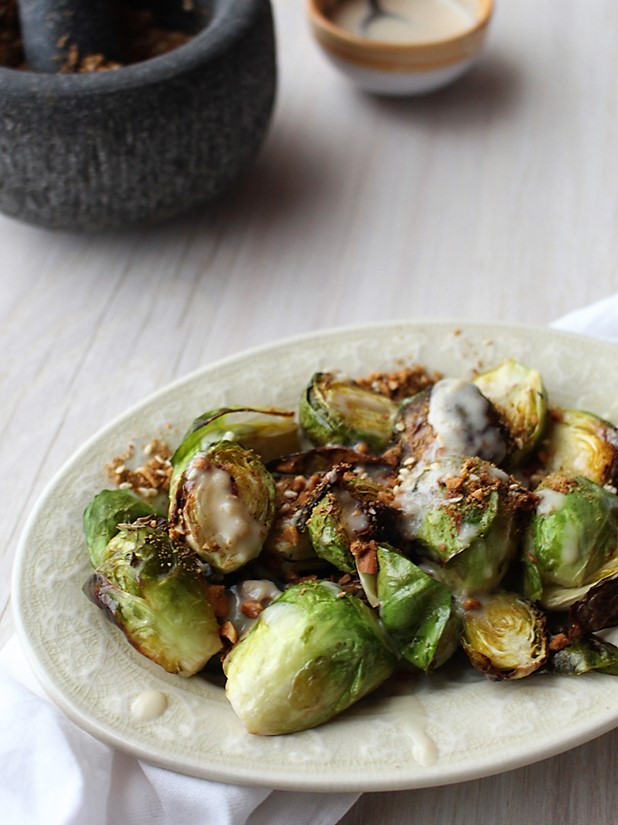 Roasted Brussels Sprouts with Garlic Infused Olive Oil Dressing & Dukkah